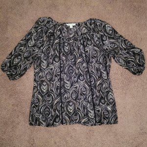 Croft & Barrow Black blouse with grey, tan and white patterns, 1/2 sleeves